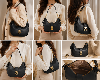 Designer Black Women Hobo Shoulder Bag with Gold Chain & Logo Clasp