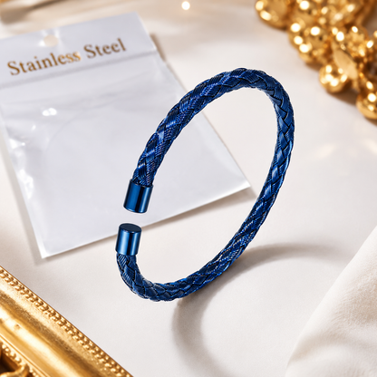 Premium Blue Braided Stainless Steel Open Cuff Bracelet for Men & Women | Adjustable Minimalist Bangle