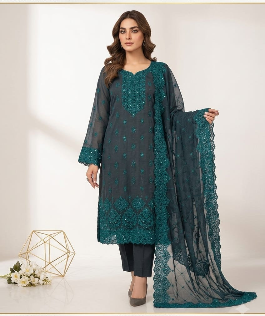 Elegant Teal Embroidered Lawn Suit with Organza Dupatta – 3 Piece Pakistani Dress