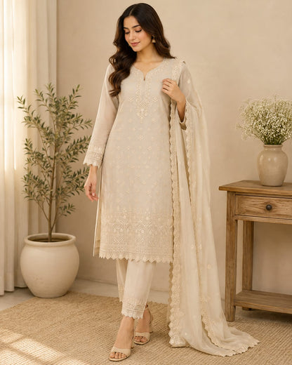 Elegant Ivory Embroidered Pakistani Suit with Lace Detailing