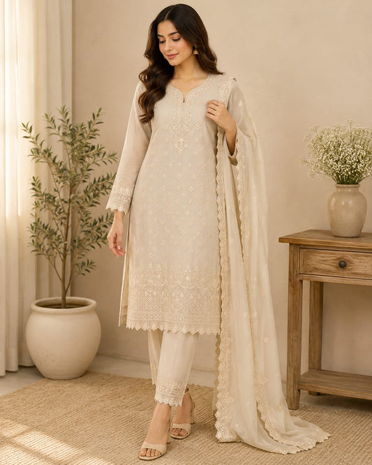Elegant Ivory Embroidered Pakistani Suit with Lace Detailing